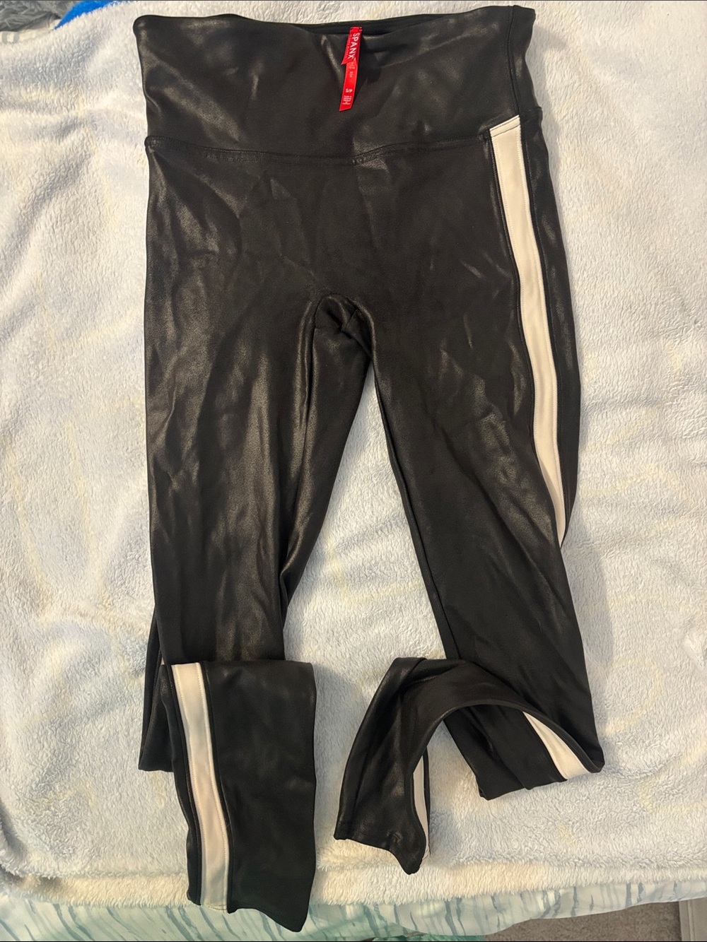 SPANX Black Faux Leather Leggings with Red Brand Tag